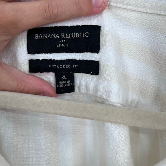 Banana Republic Cream White Cotton Linen Striped Untucked Men Button Up Shirt XL - Picture 4 of 6